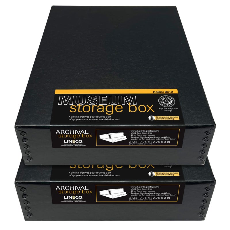 Lineco Museum Archival Storage Box, 9.75x12.75x3 in. Drop Front Design. Acid-Free with Metal Edge. Organize Photos, Pictures, Prints, Documents, Crafts, DIY. Black, 2 Pack - Image 1